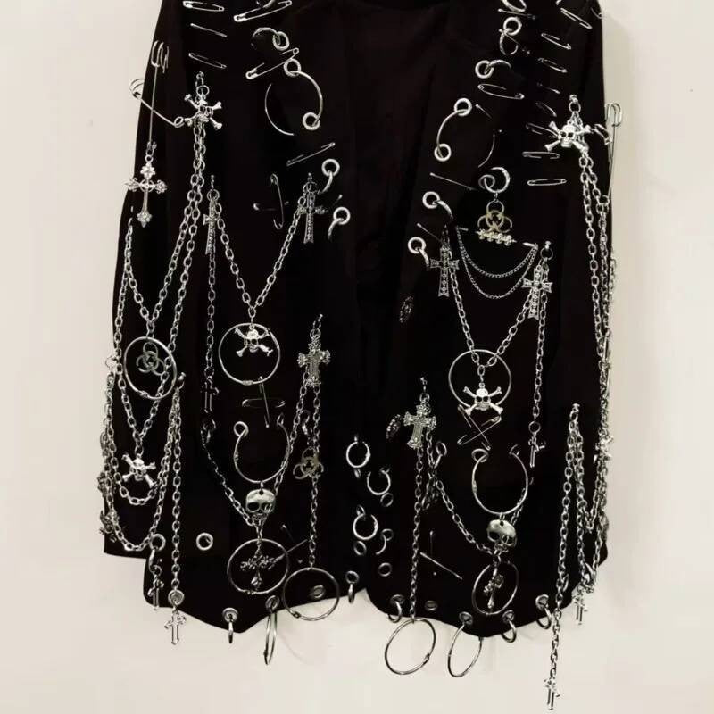 WVGA Spring Autumn New Men Y2K Dark Techwear Gothic Chain Design Blazer Punk Rock Heavy Beaded Niche Chic Casual Suit-Coat W8497