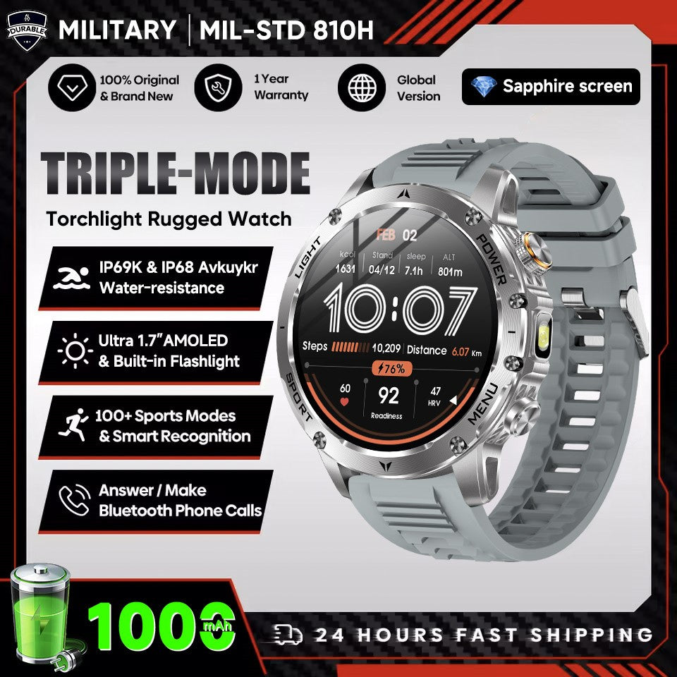 New Outdoor Sports Smart Watch 1.7" HD AMOLDE Screen 1000mAh Battery LED Flashlight IP68 Waterproof BT Call Military Smartwatch