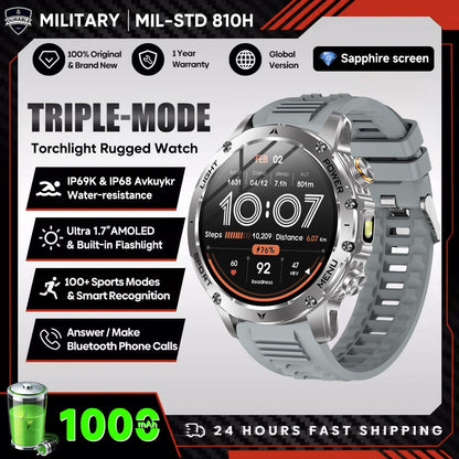 New Outdoor Sports Smart Watch 1.7" HD AMOLDE Screen 1000mAh Battery LED Flashlight IP68 Waterproof BT Call Military Smartwatch