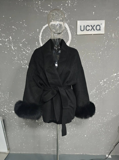 UCXQ Casaco Feminino Elegante OL para Escritório com Retalhos de Pelo Manga Comprida Lã Jaqueta de Roupa Feminina Bonita Outono Inverno 2025