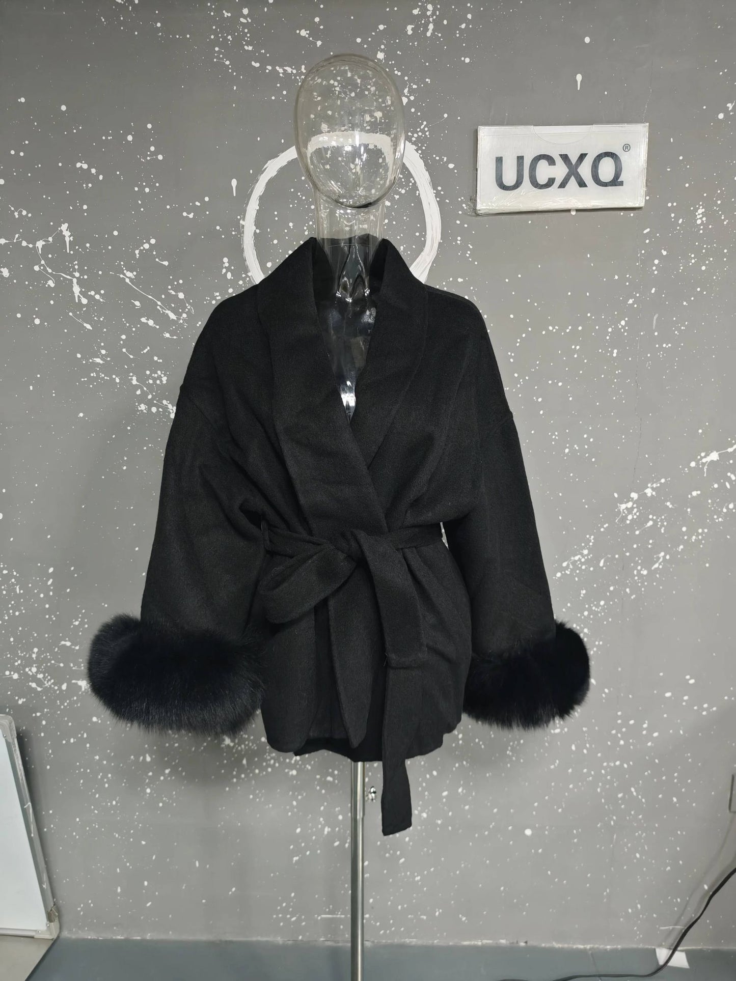 UCXQ Casaco Feminino Elegante OL para Escritório com Retalhos de Pelo Manga Comprida Lã Jaqueta de Roupa Feminina Bonita Outono Inverno 2025