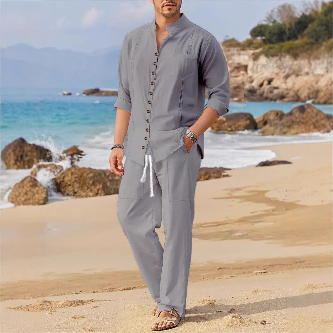 Men's Retro Cotton And Linen Set, Spring And Autumn Fashion Stand-up Collar Pocket Long Pants Long-sleeved Two-piece set