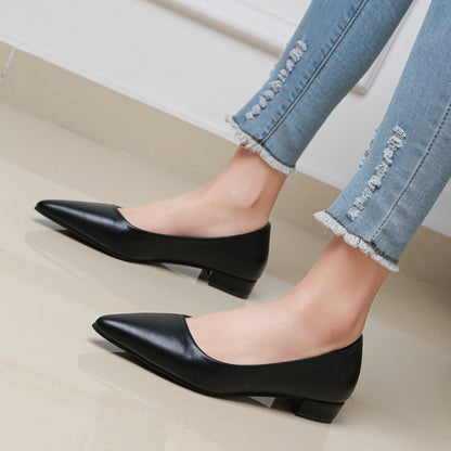 New Pointed Toe Shallow Mouth Square Heel Small Leather Shoes Women's Elegant Fashion High Heels Dress Shoes Zapatos Mujer