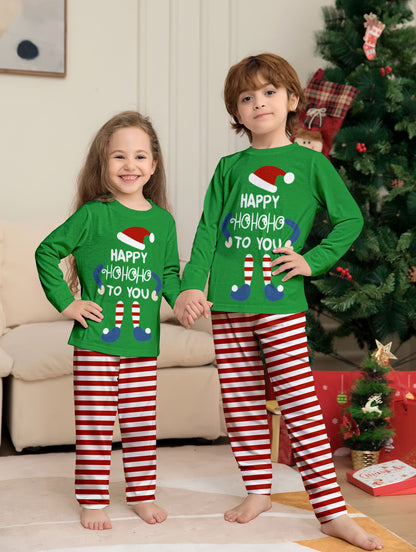Merry Christmas Kids Matching Pajamas Elf "Happy HoHoHo" Green Top Red White Striped Sleepwear