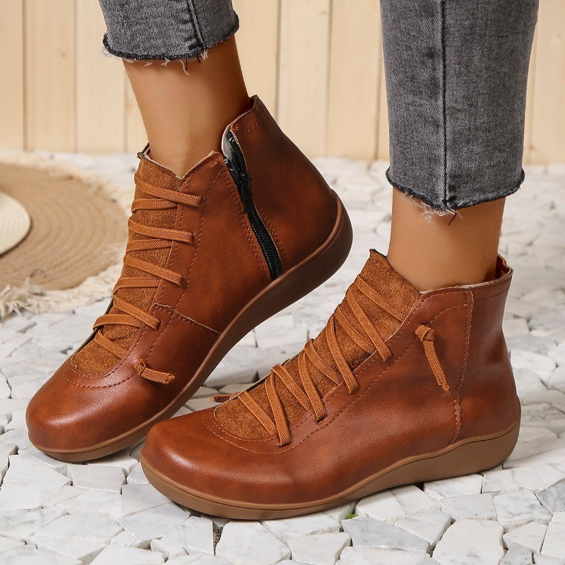 New Women'S Round Toe Flat Zipper Snow Boots Wool Slippers Woman Ankle Boots Women Pu Leather Women Shoes  Zapatos De Mujer