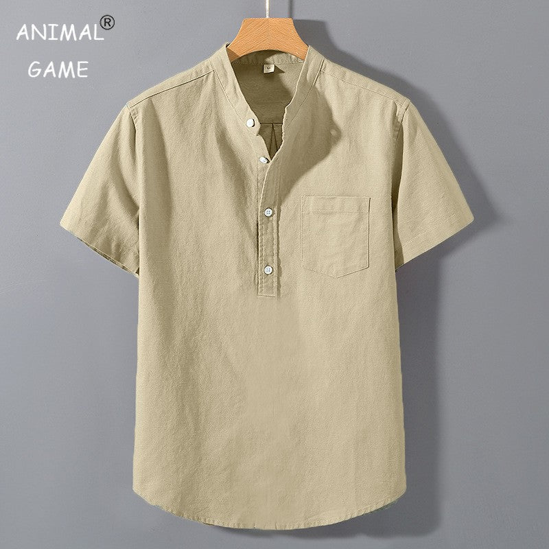 Summer Stand Up Collar T Shirts Solid Color Short Sleeve Cotton Shirt Trendy Breathable Loose Youth Basic Pocket Top