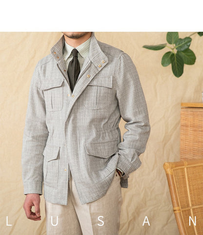 Cotton and Linen Vertical Collar Tight Waist M65 Hunting Jacket Retro All-match Spring and Summer Lightweight Casual Jacket