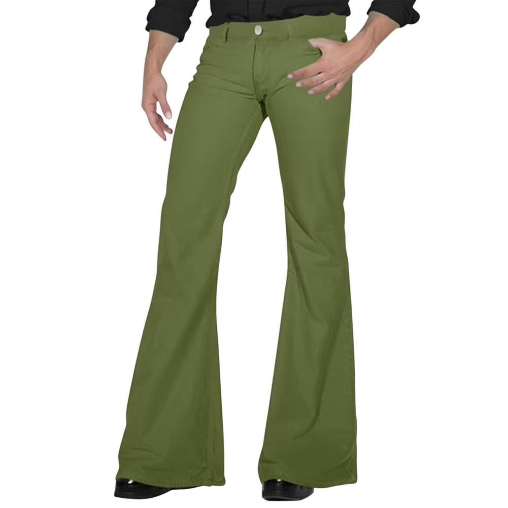 Calças masculinas boca de sino retrô calças masculinas de cor sólida de cintura média calças clássicas casuais dos anos 70 com zíper e boca de sino para homens
