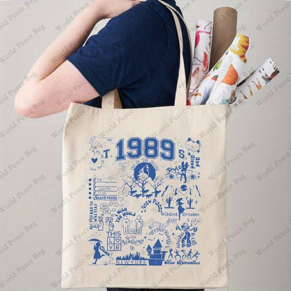1pc 1989 pattern Canvas Shopping Bag, TS Merch Portable Shoulder Bag, taylor's version Trendy Tote Bag For Daily Life