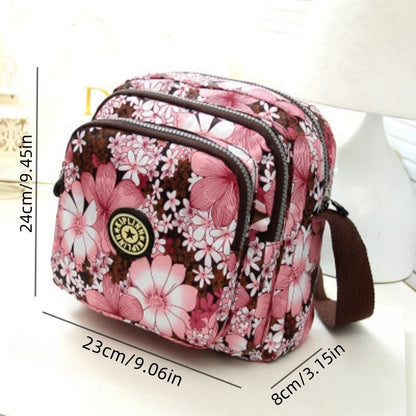 Women's nylon shoulder bag with floral print and multiple compartments, casual crossbody bag