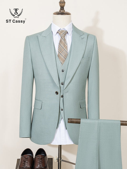 ST Cassy High Quality Men's Suit Summer thin Green  Slim Fit Formal Business Office Men's Suits?jacket+Vest+Pants?