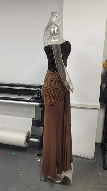 Mozision Sparkle Off-shoulder Sexy Maxi Dress Women Elegant Glitter Strapless Backless Sleeveless Draped Ruched Club Party Dress