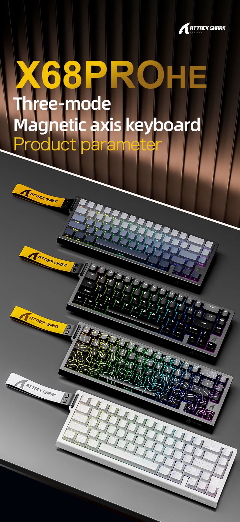ATTACK SHARK X68PRO HE Wireless Keyboard,Magnetic Switch,With 0.01mm RT Accuracy,8KHz Polling Rate,0.125ms Latency,RGB Backlight