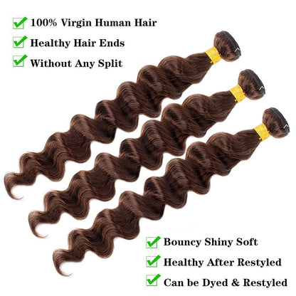 Cabelo Castanho com Fechamento, Cachos Soltos, Cabelo Humano Brasileiro Virgem 12A, Cachos Soltos e Profundos, Cabelo Cru