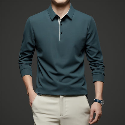 New Men's Business Casual  Long Sleeve Solid Color Polo Shirt Fashionable Warm Comfortable Four Seasons Versatile Top