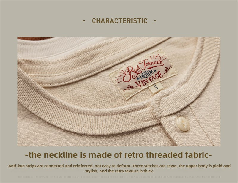 Red Tornado Short Sleeve Henley T-Shirt Heavyweight Cotton Men Every Day Tee Amekaji