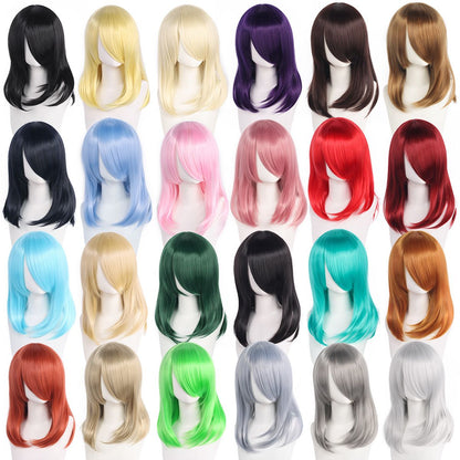 Peruca de Cosplay Média de Alta Qualidade 40cm com Franja Preta Loira Rosa Vermelha Azul Roxo Resistente ao Calor Perucas de Cabelo Sintético