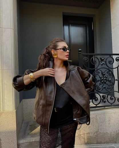 NERHEFZ Women Leather Jacket with Zipper Autumn Asymmetry Turn Down Collar Long Sleeve Button Lady Coats Causal Female Chic Tops