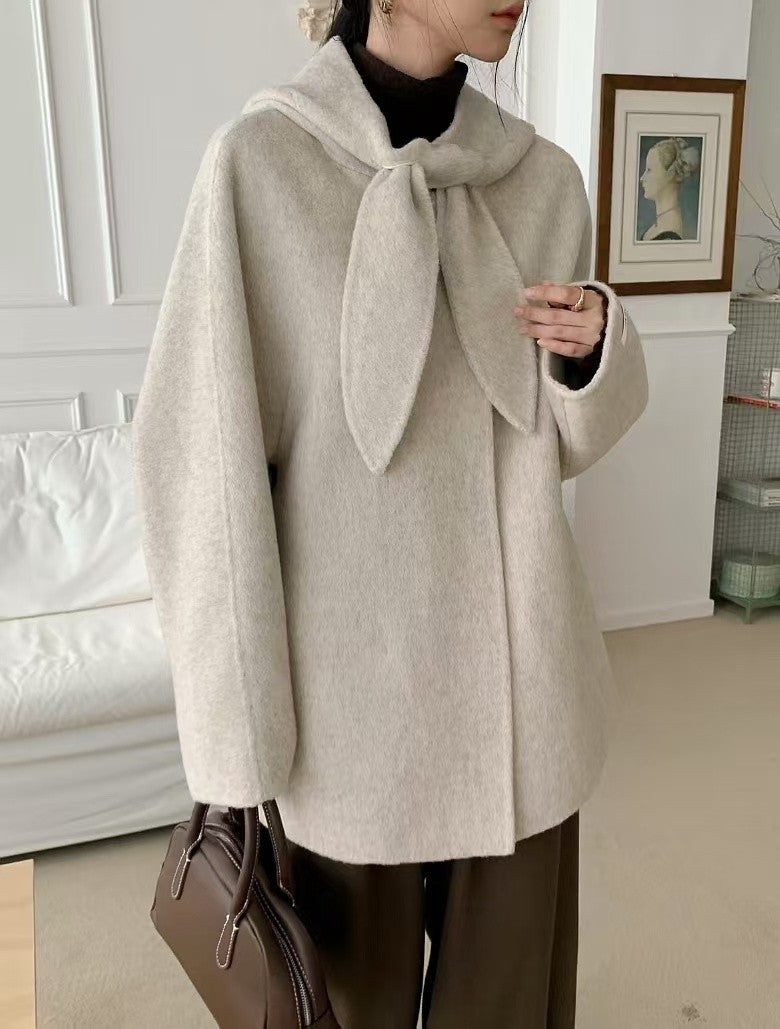 Korean Sle Woolen Coat Women's Chic Temperament Sweet Bow Tie Collar Hooded Warm Woolen Coat Long Sve Mid-Length