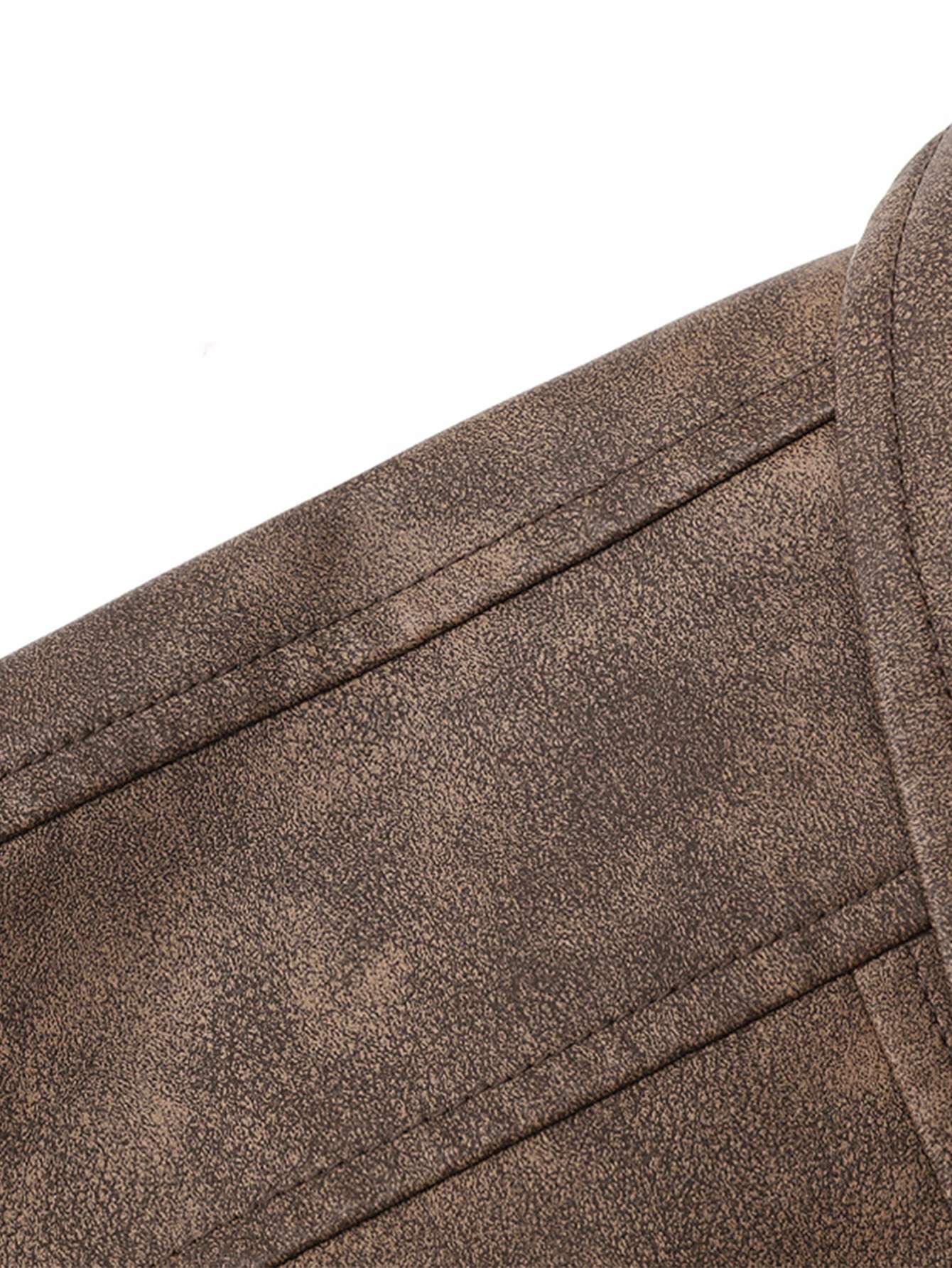 Plus Size Men's Casual Loose Fit Turndown Collar Motorcycle PU Leather Jacket, Suitable For Autumn, Zipper Front