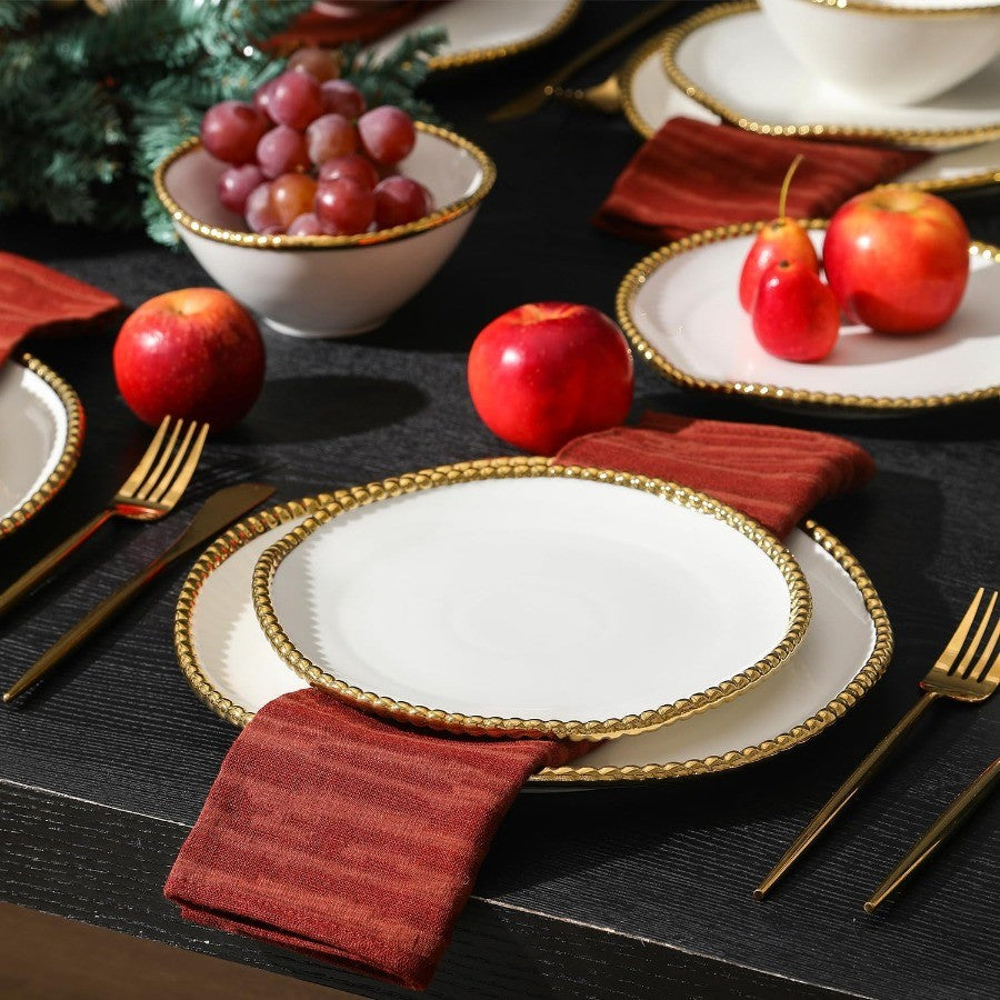 Christian Siriano Akoya Porcelain Dinnerware Set 24Piece Dish Set for 8 Plates and Bowls Set White and Gold