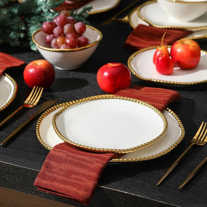 Christian Siriano Akoya Porcelain Dinnerware Set 24Piece Dish Set for 8 Plates and Bowls Set White and Gold