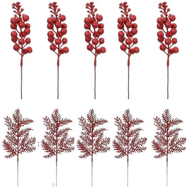 10Pcs Glitter Christmas Decoration Artificial Berrys Bouquets Stalk Pine Needle Xmas Tree Ornament Xmas DIY Wreath Gift