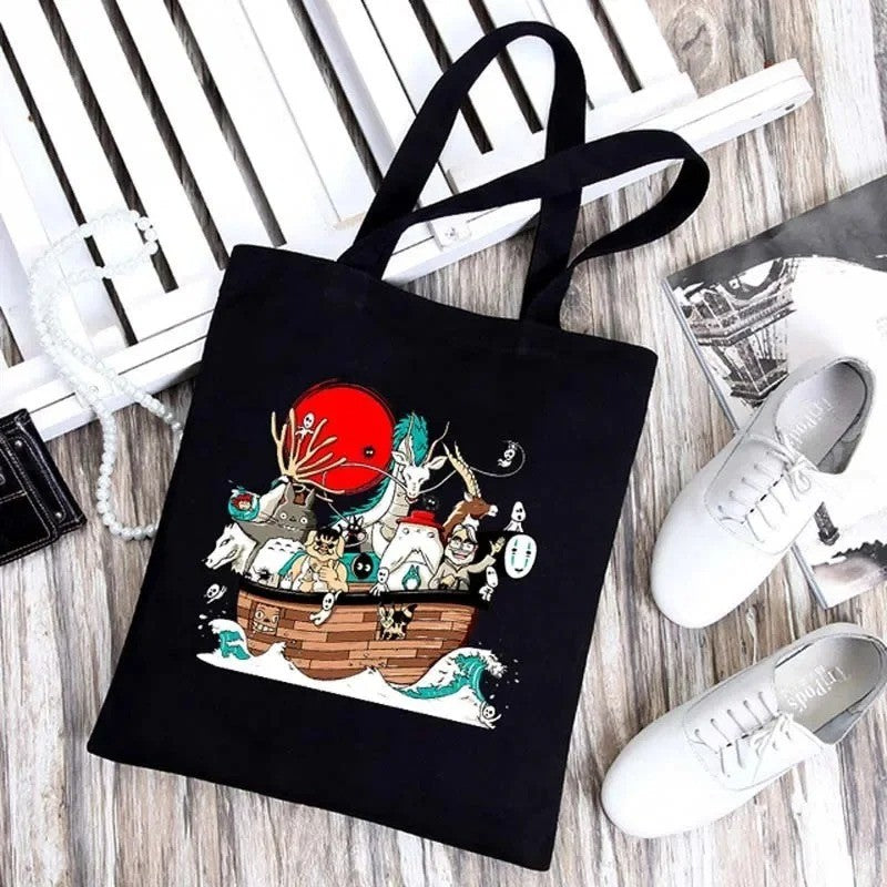 Sacola de Ombro Dobrável em Lona Preta Studio Ghibli, Leve, Grande, Reutilizável, Ecológica para Uso Casual