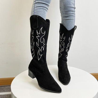 Embroidered Cowboy Boots for Women Knee High Midium Chunky Heel Pointed Toe Retro Classic Western Cowgirl Boots