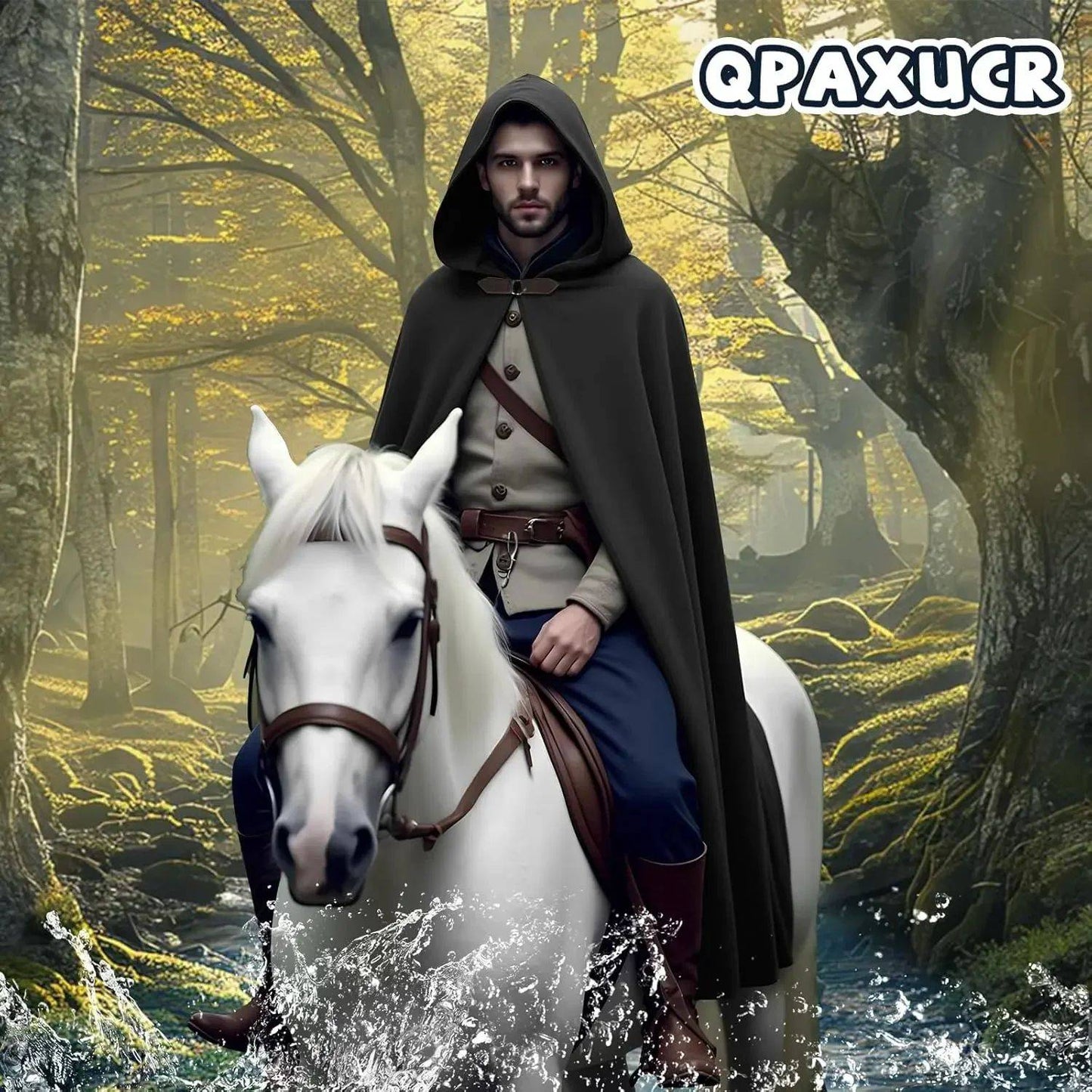 Cloak with Hood Men?Medieval Costume Men Round Metal Buckle Cloak with Green Leaf Brooch Necklace for Halloween