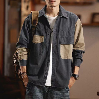 Vintage Heavy Weight Carbon Grinding Patchwork Shirts Mens Spring Autumn Trendy Long Sleeves Cargo Shirt Streetwear Casual Tops