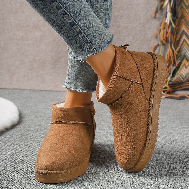 Women's Solid Color Thick Plush Snow Boots Comfortable Warm Flat Ankle Boots Woman Winter Casual Slip On Cotton Shoes Plus Size
