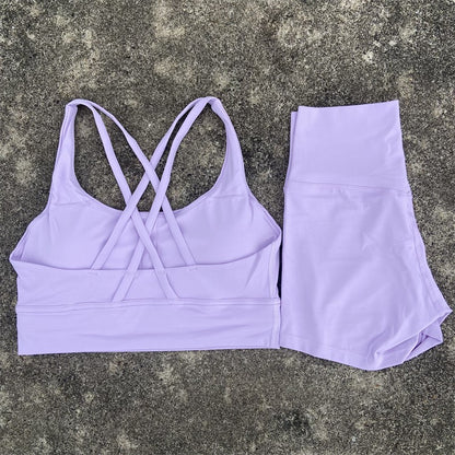 Yoga Shorts Set Gym Sports Set Women Workout Clothes 2 Piece Fitness Suit Cross Straps Bra High Waist Shorts Running Tracksuit