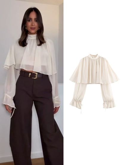 Elegant Women's Tierred Ruffles Blouse Chic Long Sleeve Loose Crop Shirt 2026 Spring New Chic Half High Collar Woman Solid Top