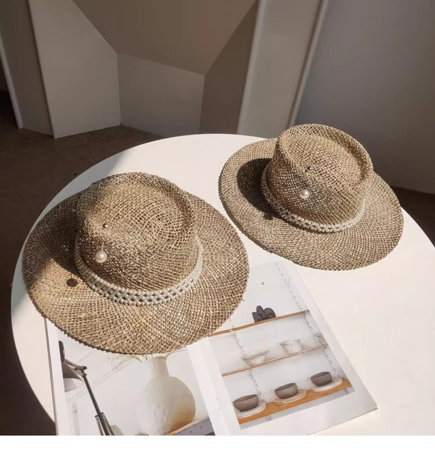 Chapéu de palha de verão alfinete de pérola chapéu de palha feminino de aba plana oco com ranhuras de verão para praia e sol sombreiro ????