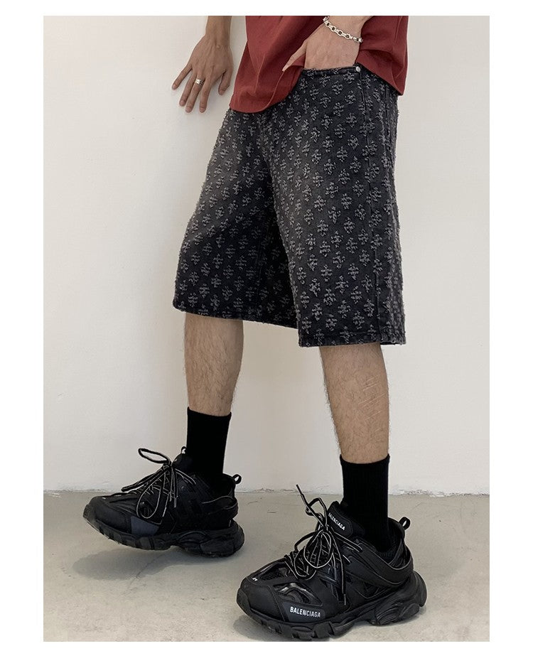 New Summer Men Distressed Short Jeans Vintage Jacquard Straight Leg Men's Denim Shorts Pants