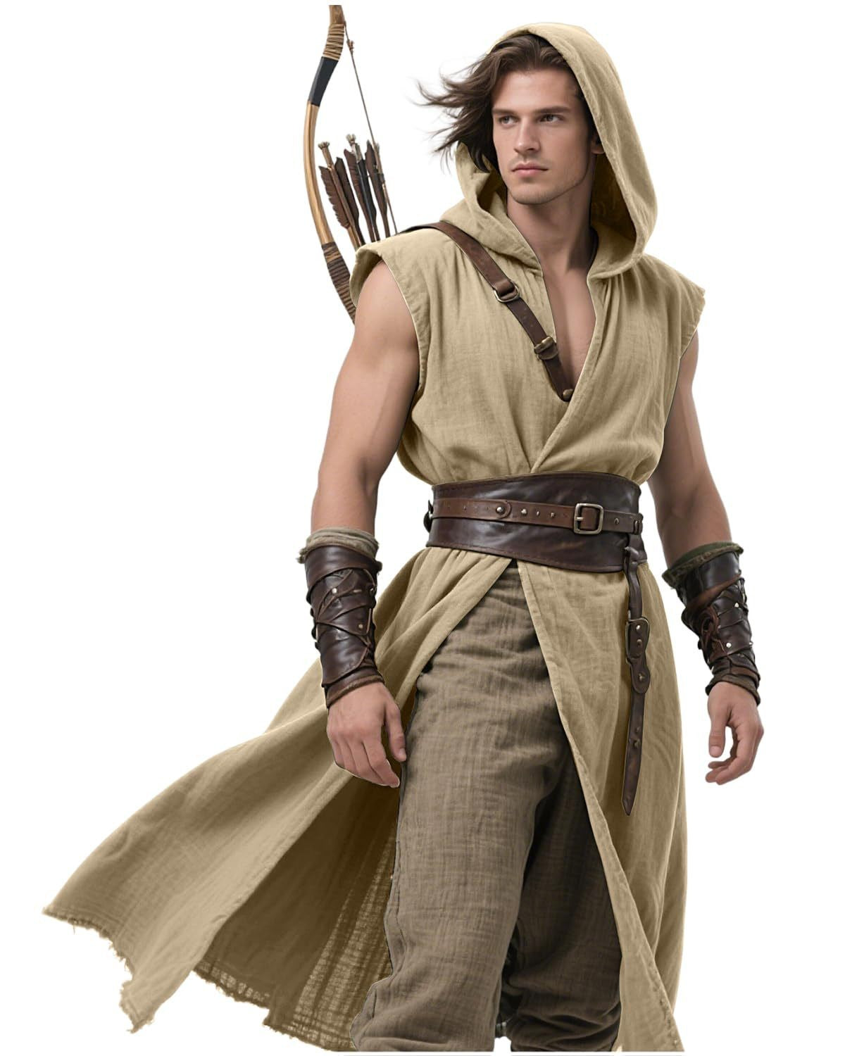 Men's Medieval Hooded Surcoat Renaissance Tabard Sleeveless Tunic Cloak Viking Costume Holloween Assassin Cosplay