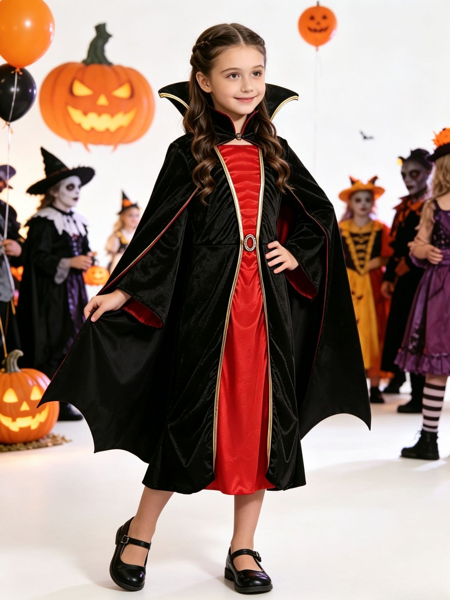 Halloween Kids Vampire Queen Cosplay Long Robe Girls Party Fancy Dress Costume