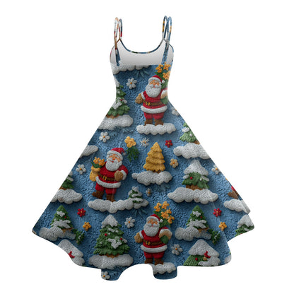 High Quality Cute Women's Casual Fashion Round Neck Christmas Print Mid-Length Dress Pretty Sweet Christmas Suspender Dress