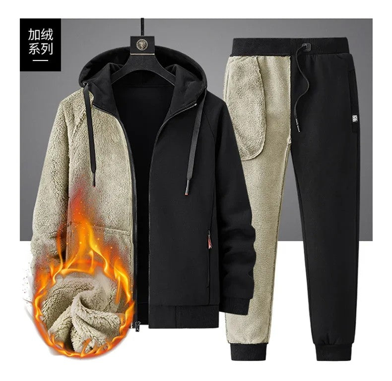 Lamb Cashmere Tracksuit Set Winter Men Sportsuit Gym Sportswear New Thermal Hoodies Fleece Tracksuit Windproof Sport Suit Men