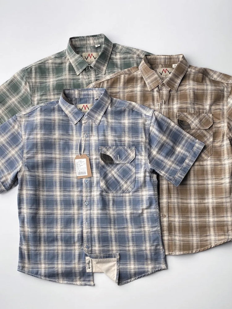 2025 Summer New American Retro Short Sleeve Lapel Plaid Cargo Shirt Men's Simple 100% Cotton Washed Single Pocket Casual Blouses