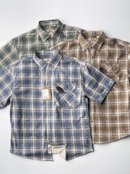 2025 Summer New American Retro Short Sleeve Lapel Plaid Cargo Shirt Men's Simple 100% Cotton Washed Single Pocket Casual Blouses