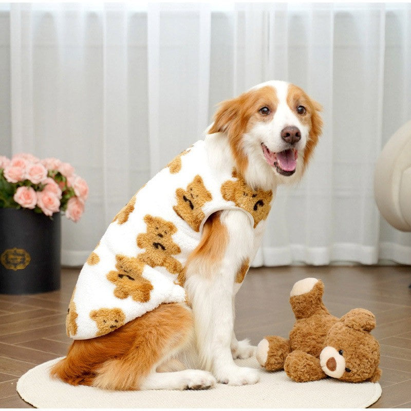 3GG-8GG Outono/Inverno Pelúcia Padrão de Urso Fofo Suéter para Cães Grandes Casaco de Lã Quente com Capuz Colete Suéter para Animais de Estimação Roupas para Animais de Estimação