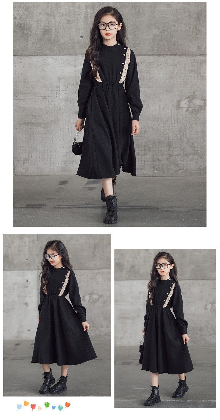 Girls' Dress New Style For  Children Stand Collar Waist-Cinching Slimming Mid-Length Dress Long Sleeve For Kids 5-12Y