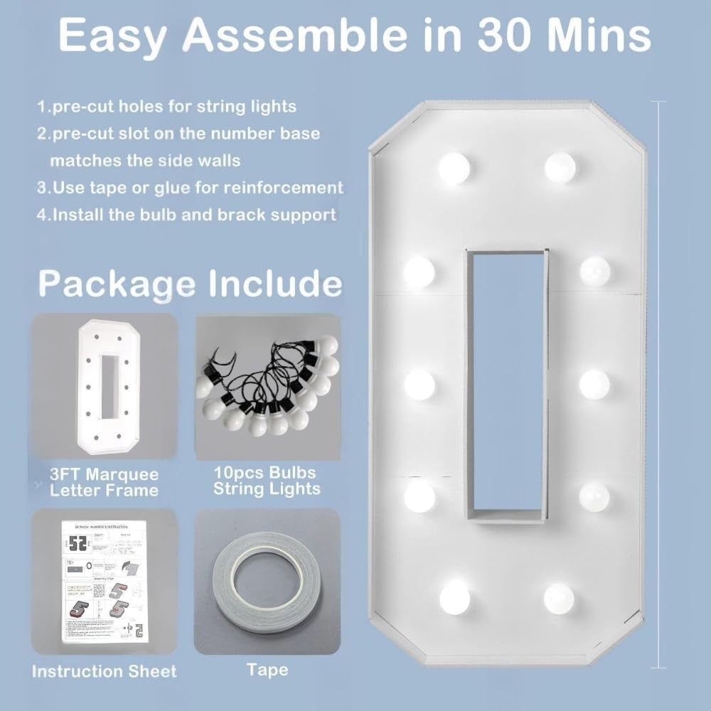 1/2 Pc 73cm/28.7inch Light Up Digital Marquee Frame White Lights KT Board Number 0-9 KT Board With Bracket Party Decorative