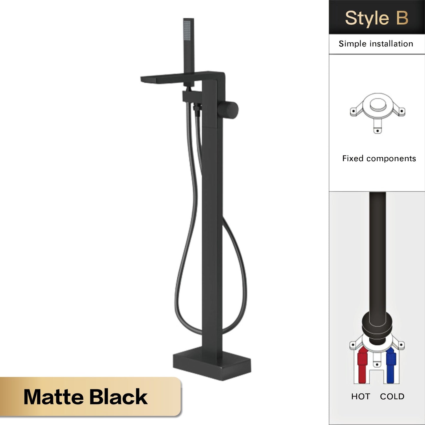Luxury Black Brass Bathroom Faucet Floor standing Design Single Handle Hot and Cold Water Embedded Design Simple Bathtub Mixer