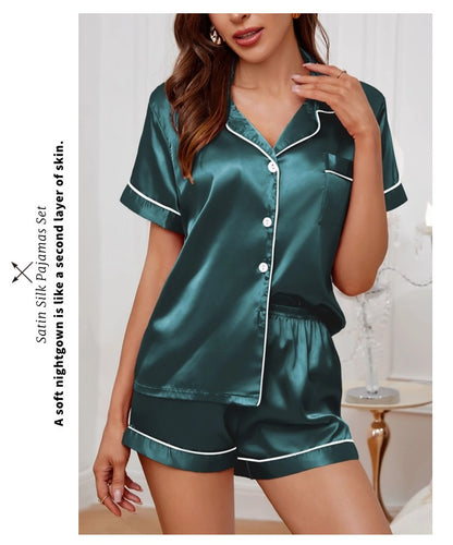 Luxurious Satin Pajama For Women Turn-down Collar Button Top & Shorts Sleepwear & Loungewear for Summer Home Clothes Suit