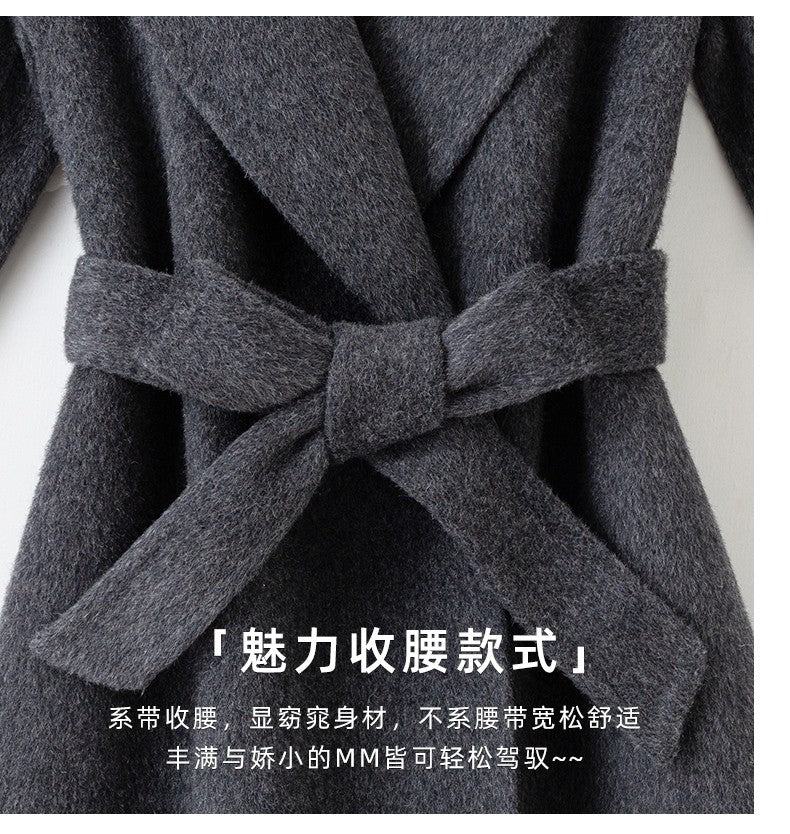 Grey Double-sided Cashmere Coat For women Slim For Autumn Winter New Winter High-end Temperament Thick Woolen Coats With belt
