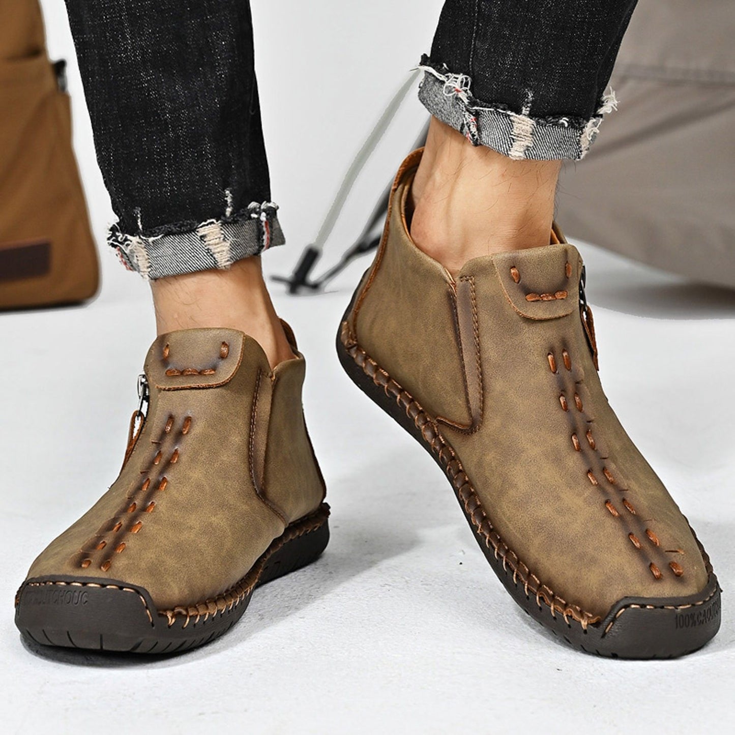 Men'S Fall And Winter Outdoor Padded Warm Leather Stitching Zipper Fashion Low Ankle Boots Composite Slip On Work Boots Botas