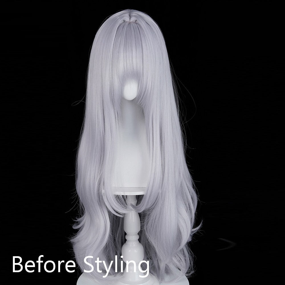 Long Wavy Silver Synthetic Wigs with Bangs Anime Game Cosplay Fluffy Heat Resistant Wig for Daily Party